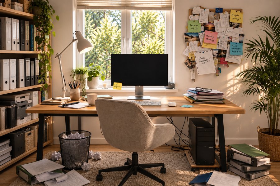 Unaufgeräumtes Homeoffice als Beispiel für belastende Arbeitsbedingungen