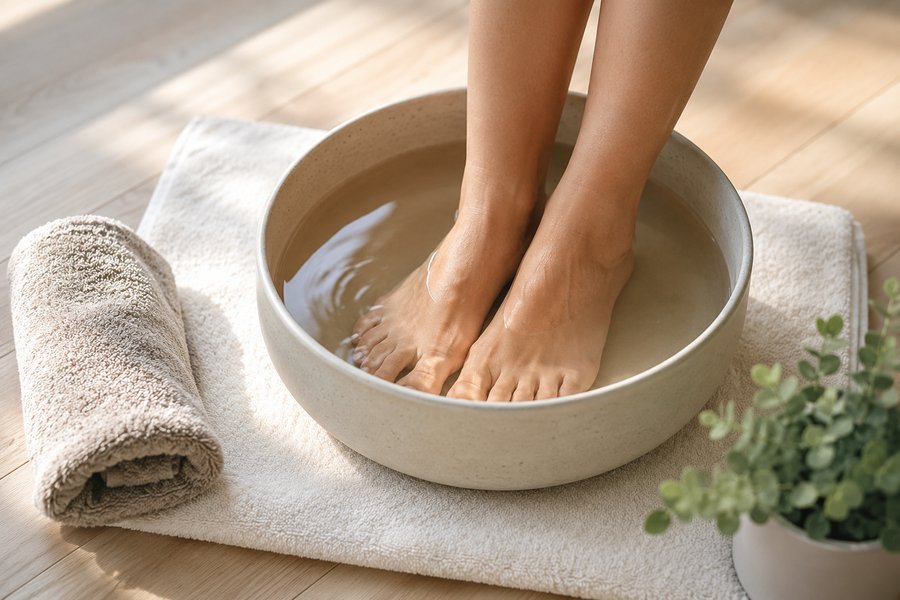 Füße im Wasserbad des Body-Detox-Fußbads